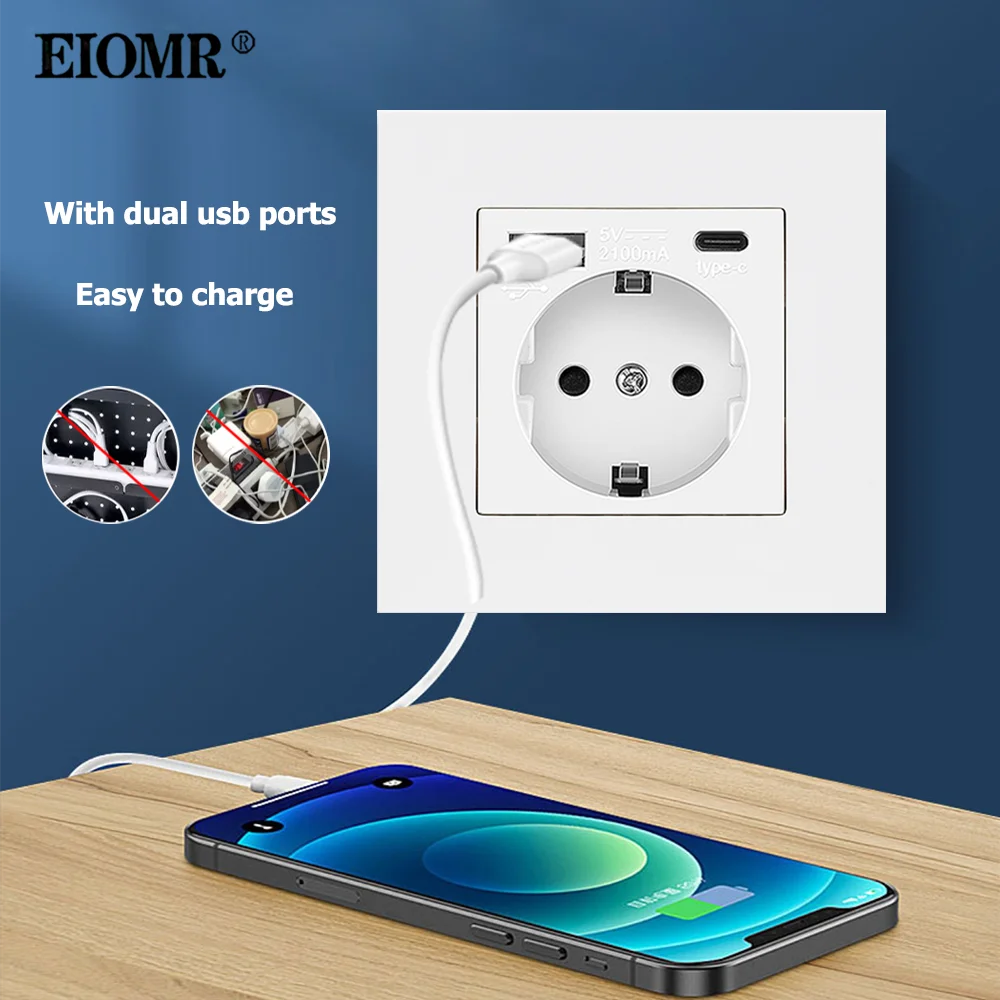 EIOMR Type-C Interface Outlet 86*86mm PC Panel Wall EU Russia Spain French Socket With USB Charge Port 5V 2A White Black Socket