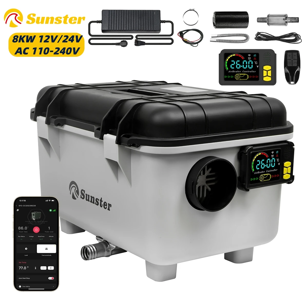 TB30 8KW 12V/24V/220V Toolbox Diesel Air Heater With Adapter/Ventilation Mode/Display For Motorhome Camping Car Parking Heater