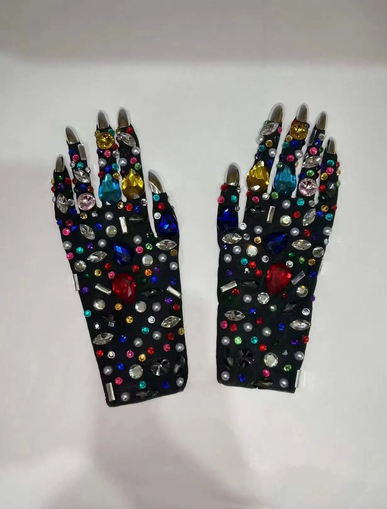

Luxurious Colorful Rhinestone Mesh Gloves Shining Crystal Short Gloves Nightclub Party Outfit Stage Performance Show Accessories