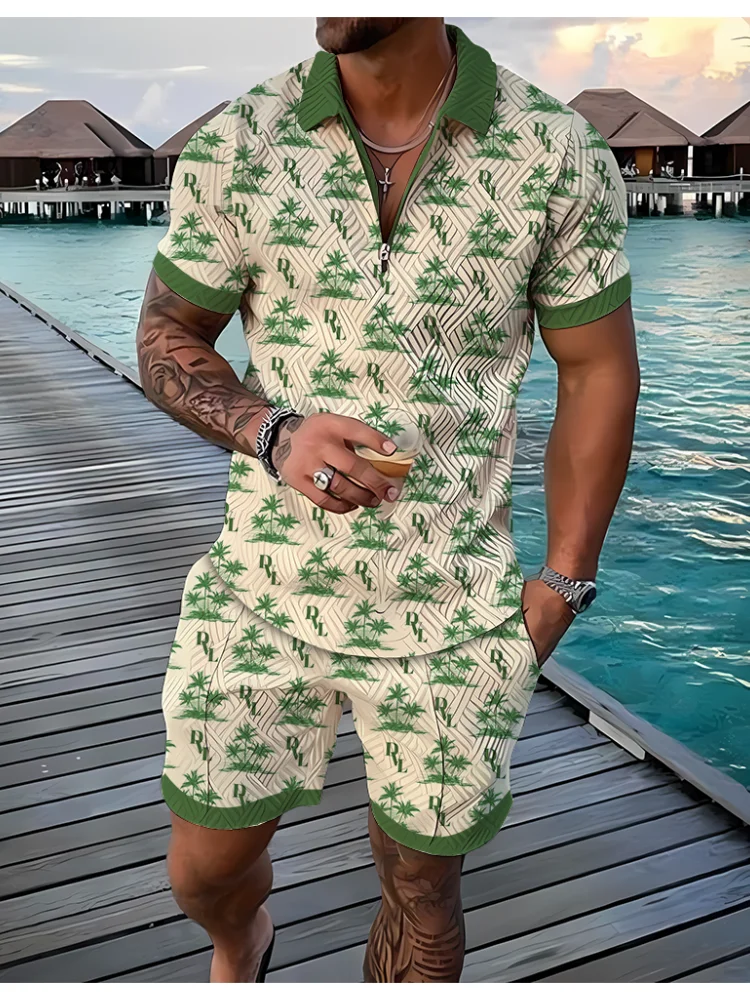 

3D Print Casual Short Sleeve T Shirt Lapel Zip Polo Shirt Sets Men's Summer Outdoor Daily Casual Tracksuit Sports Two Piece Suit