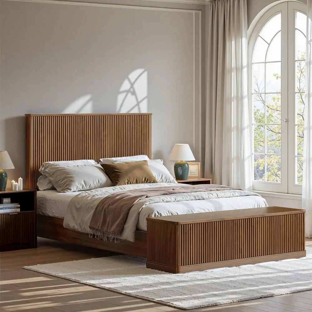 

Walnut Fluted Queen Bed Frame with 51Tall Headboard amp Storage Bench, Wood Platform Bed with 63Storage Chest, Modern Queen Bed