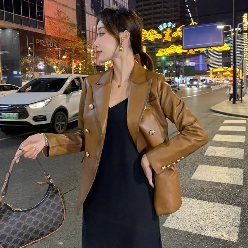 

2023 Spring Autumn Women's Short Sheepskin Small Suit Slim Lapel Single Breasted Retro Fashion Genuine Leather Jackets Office La