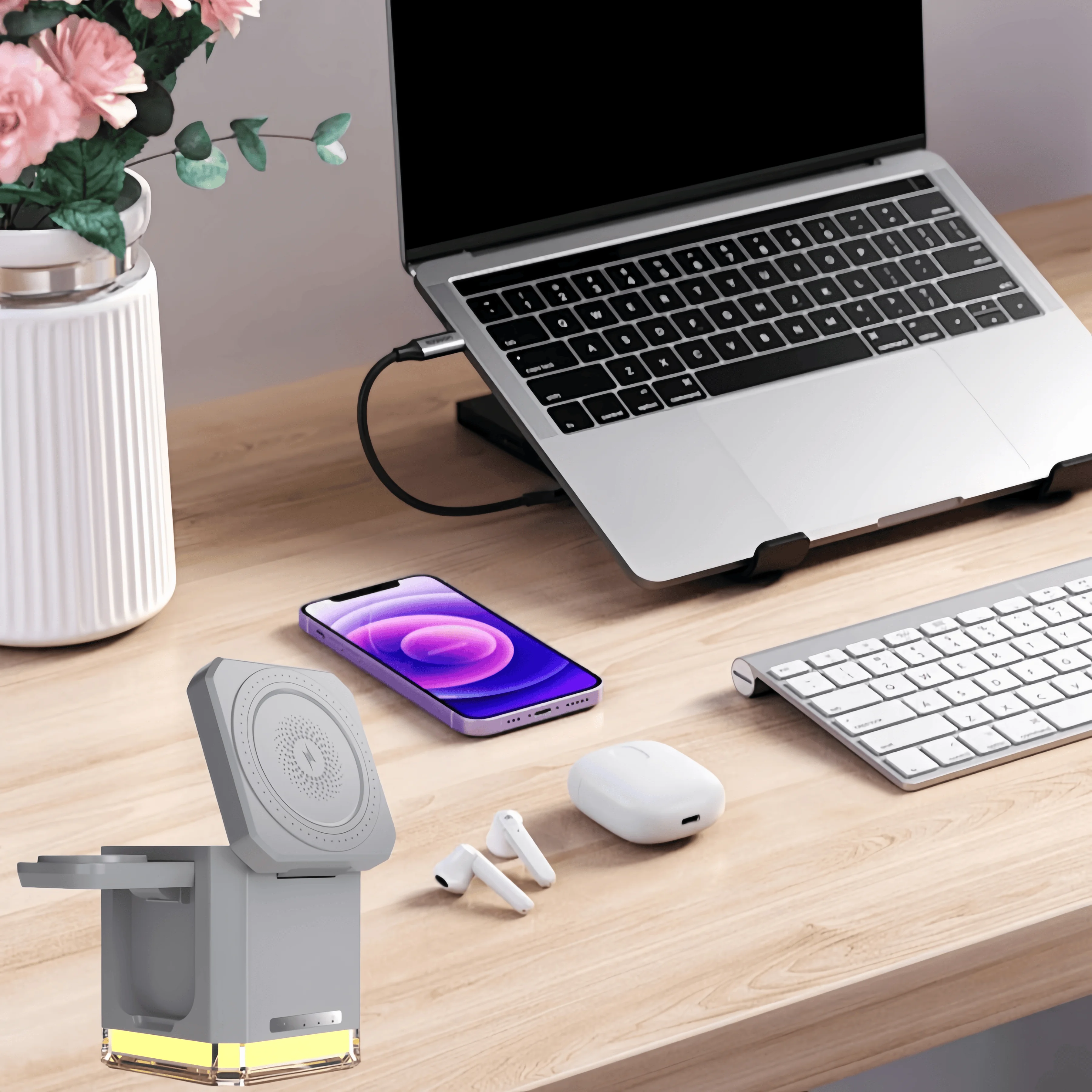 

Wireless charging 4-in-1 metal gray suitable for mobile phones, headphones, watches, LED ambient lights