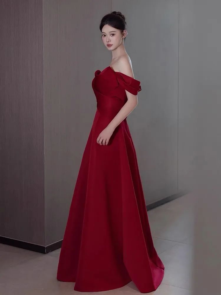 Burgundy Bridesmaid Dress Off Shoulder Detachable Sleeves A-Line Delicate Satin Wedding Banquet Evening Toast Formal Prom Gowns