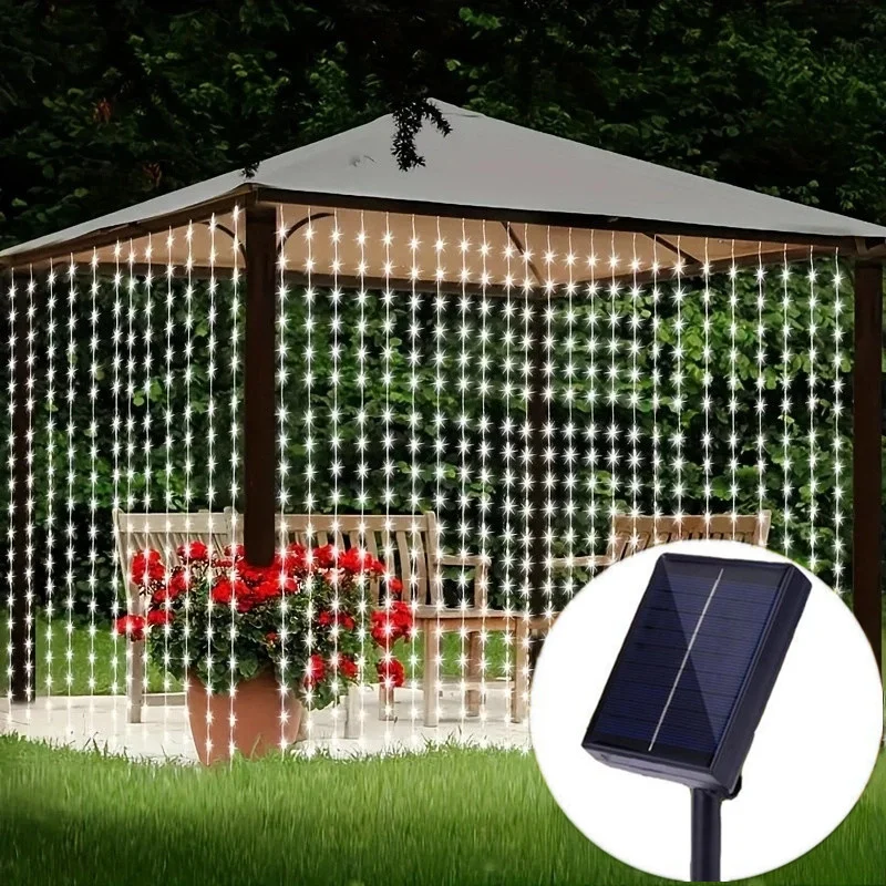 Outdoor Beautiful Solar Curtain LED Christmas String Lights 6m/3m Decor Garden Pavilion Wedding Proscenium Holiday Party Light