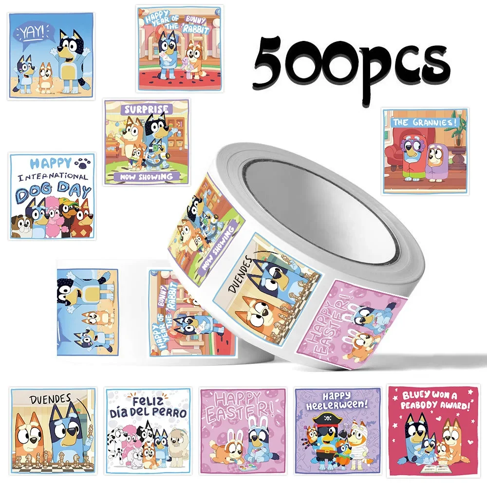 

500PCS/Roll Bluey Bingo Sealing Stickers Cute Cartoon Anime Decal Circular DiY Decorative Cup Album Phone Diary Labels Kid Toys