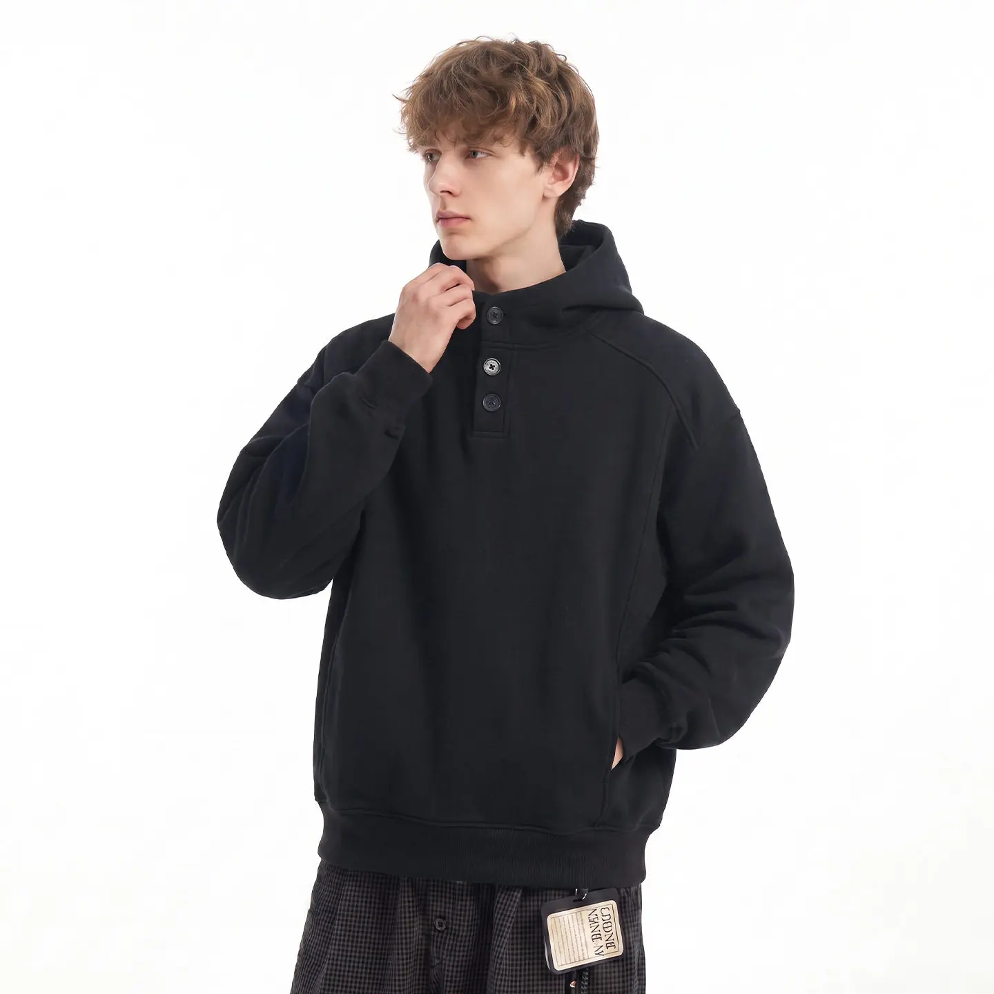 Unisex Oversized Hooded Sweatshirt with Half-Button Placket – Loose Fit, Solid Color, Streetwear Style for Men & Women