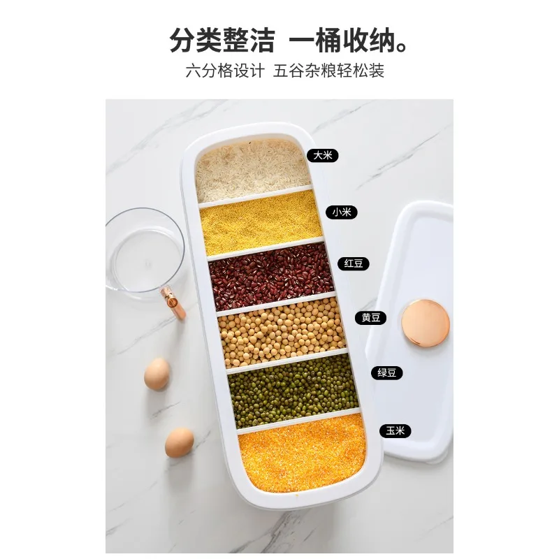 6 Grids Grain Rice Dispenser with Measuring Cup, Transparent Press-Type Funnel, 22lbs Kitchen Storage Container