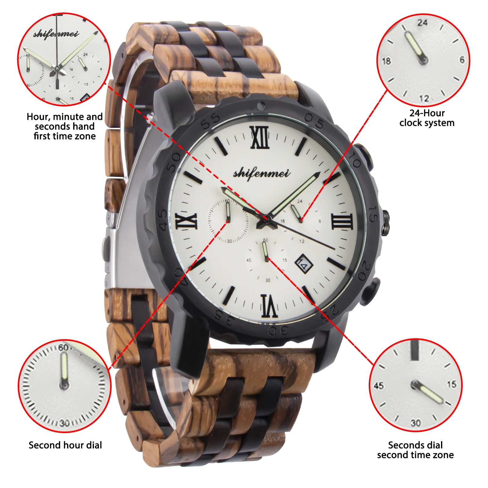 Kitykiss ผู้ชายไม้ควอตซ์นาฬิกาแบรนด์หรูเรืองแสงใน Night ปฏิทินกันน้ํา Multi-time Zone แฟชั่นกีฬานาฬิกาผู้ชาย