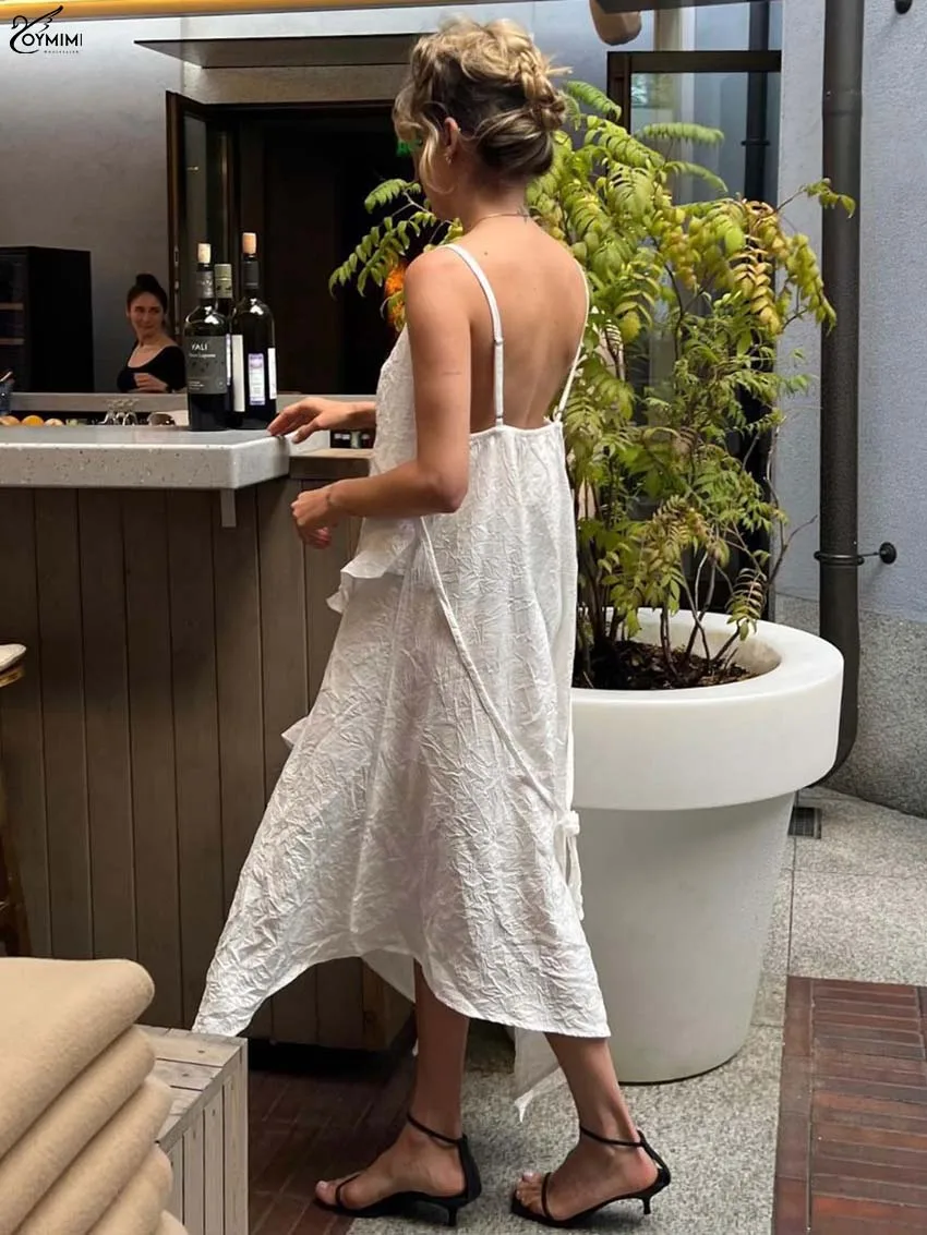 فساتين Oymimi أنيقة من الدانتيل الأبيض 2025 فساتين نسائية غير رسمية بحزام سباغيتي مفتوحة الظهر فستان صيفي مكشكش برباط ملابس خروج #4