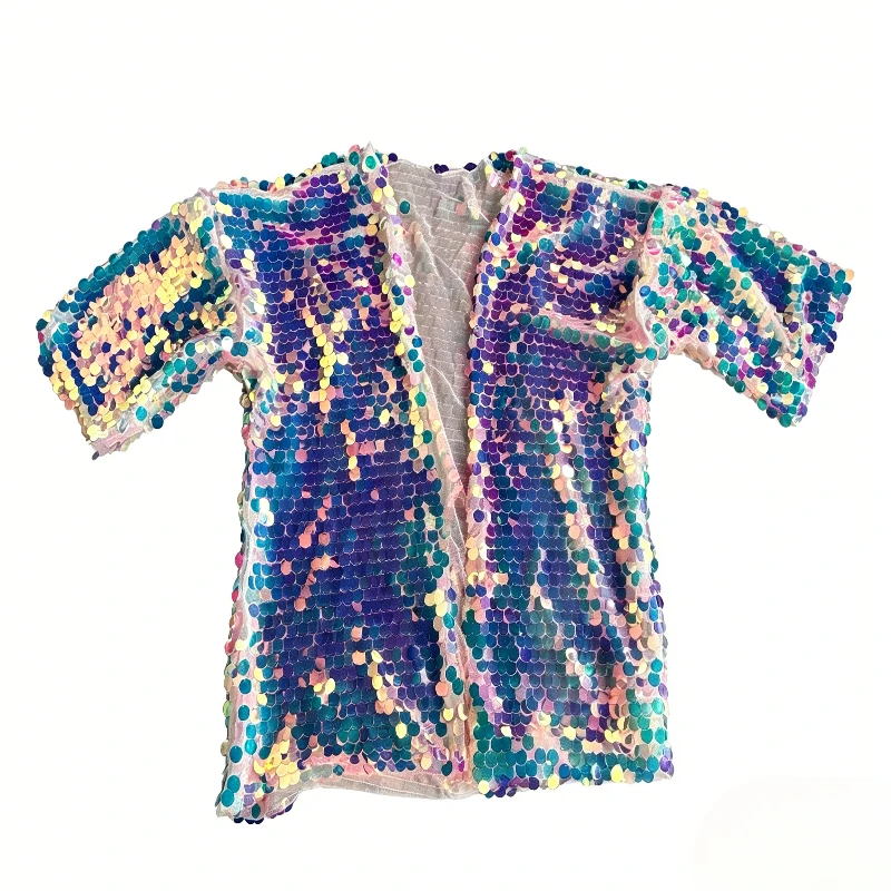Kids Iridescent Flip Sequin Short Sleeve Open Jacket Girls Rainbow Mermaid Glitter Cardigan for Birthday Party Stage Costume