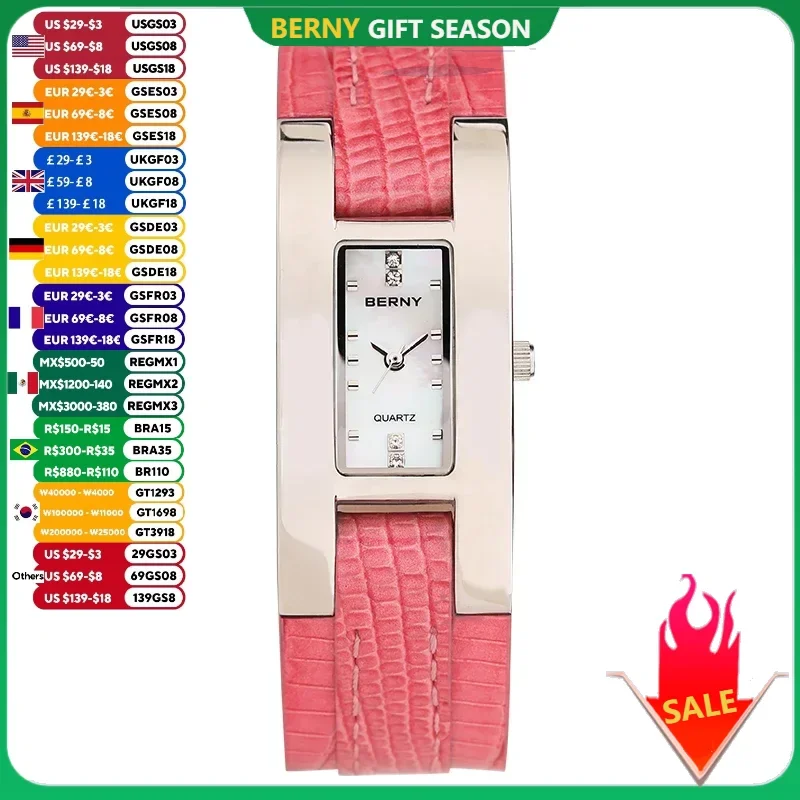 BERNY Watch for Women Fashion Casual Small Dial Rectangle Quartz Watches Stainless Steel Leather Strap Elegant Ladies Wristwatch