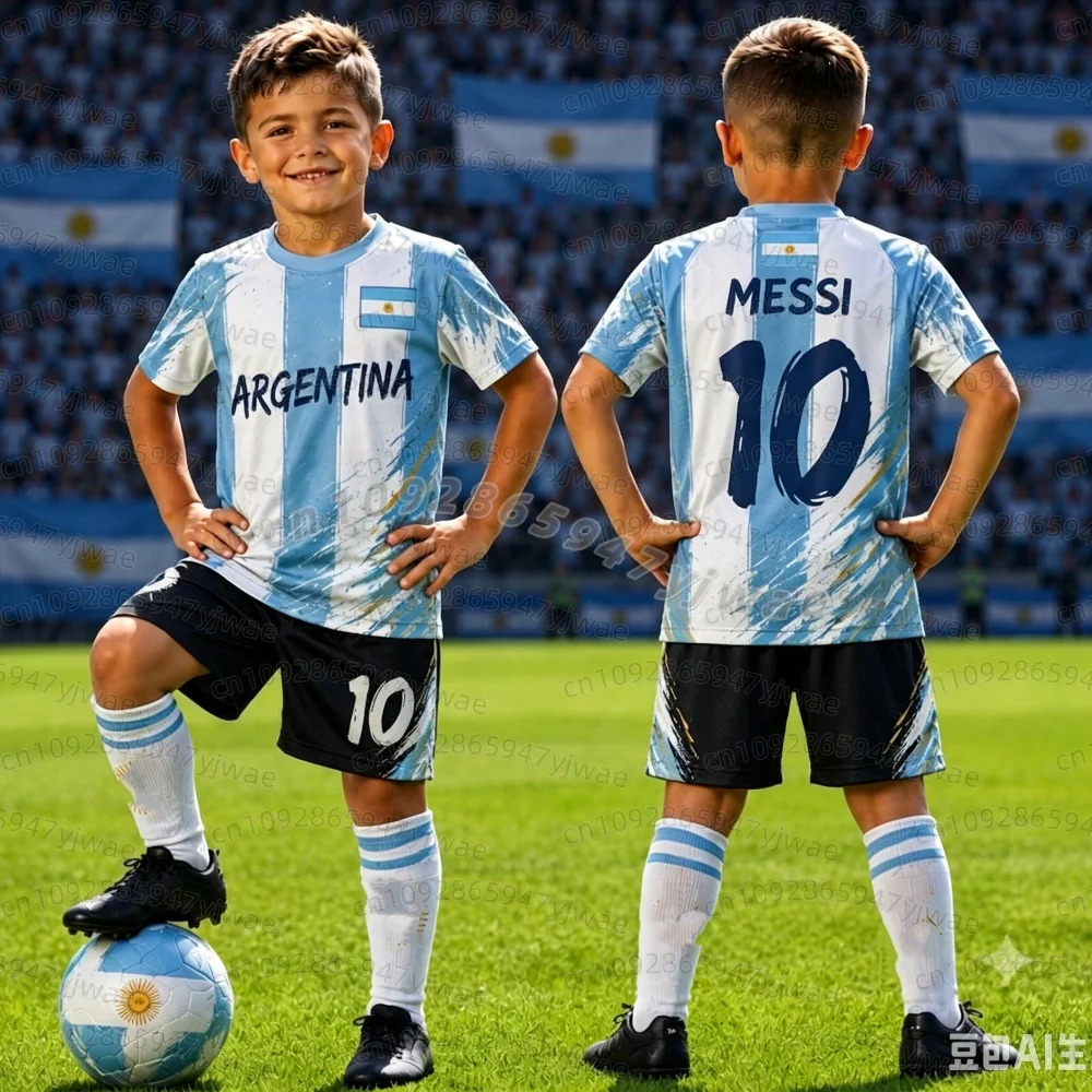 2026 BOYS Harajuku Argentinien Messi 10 Fußballtrikot Shorts Set Damen Herren Kinder Shirt und Shorts Sommer Fans 2-teiliges Set – Detail 5