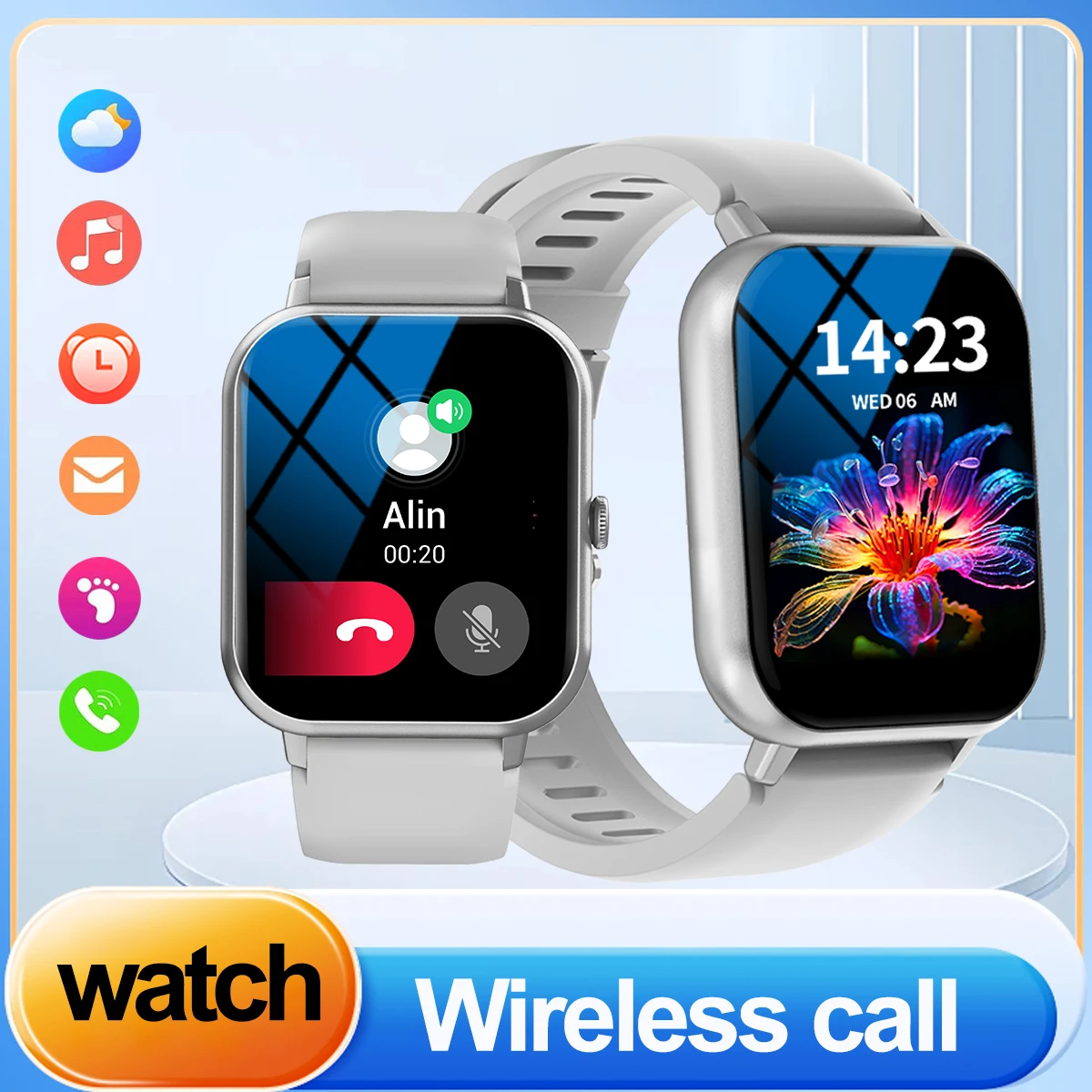 Smart watch with multiple sports modes, wireless calls, weather forecast, custom dials, compatible with Android and iPhone