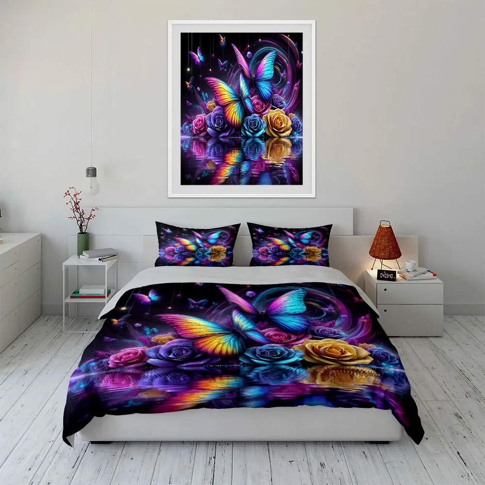 Colorful butterflies and rose reflections Pattern Duvet Cover Set Digital Print Colorful Polyester Bedding with Zipper Closur