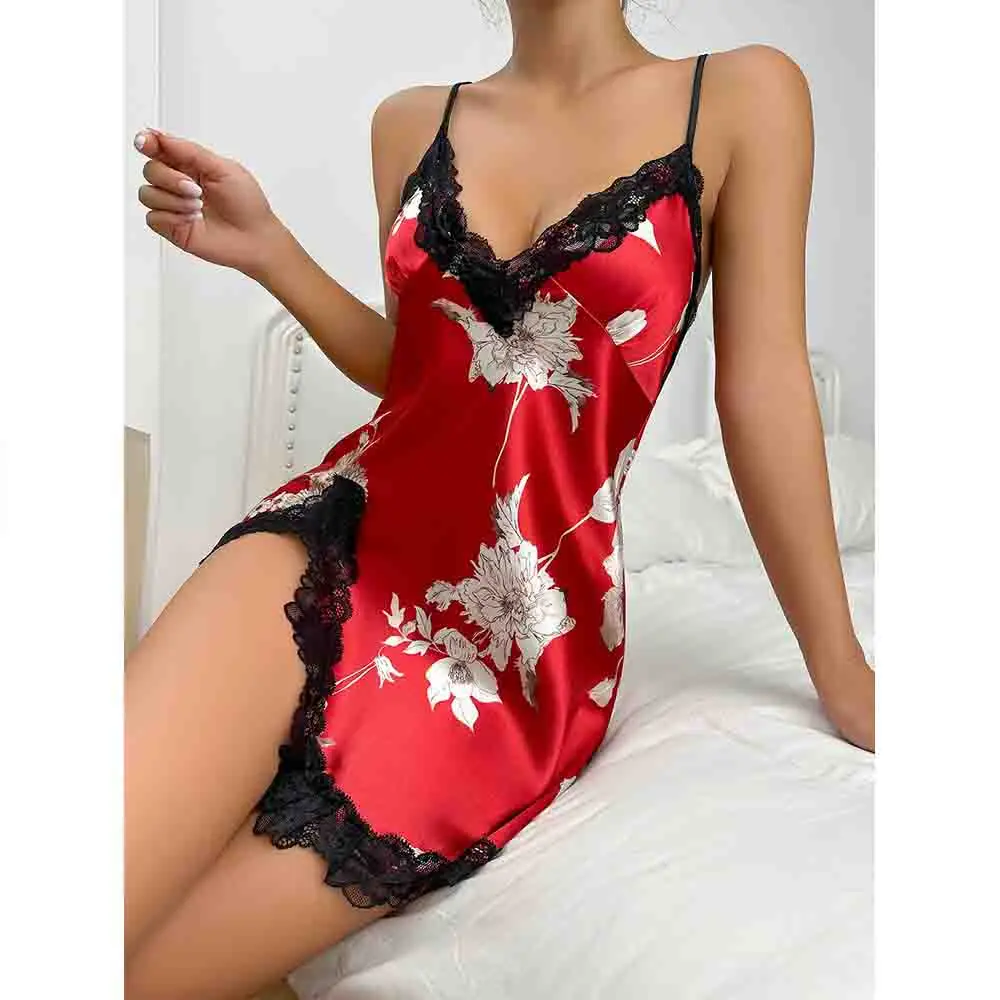 New Ice Silk Sleeping Skirt Thin Short Skirt Women's Home Wear Imitation Silk Printed Dress Fashion Pajamas Summer New Style - view 6