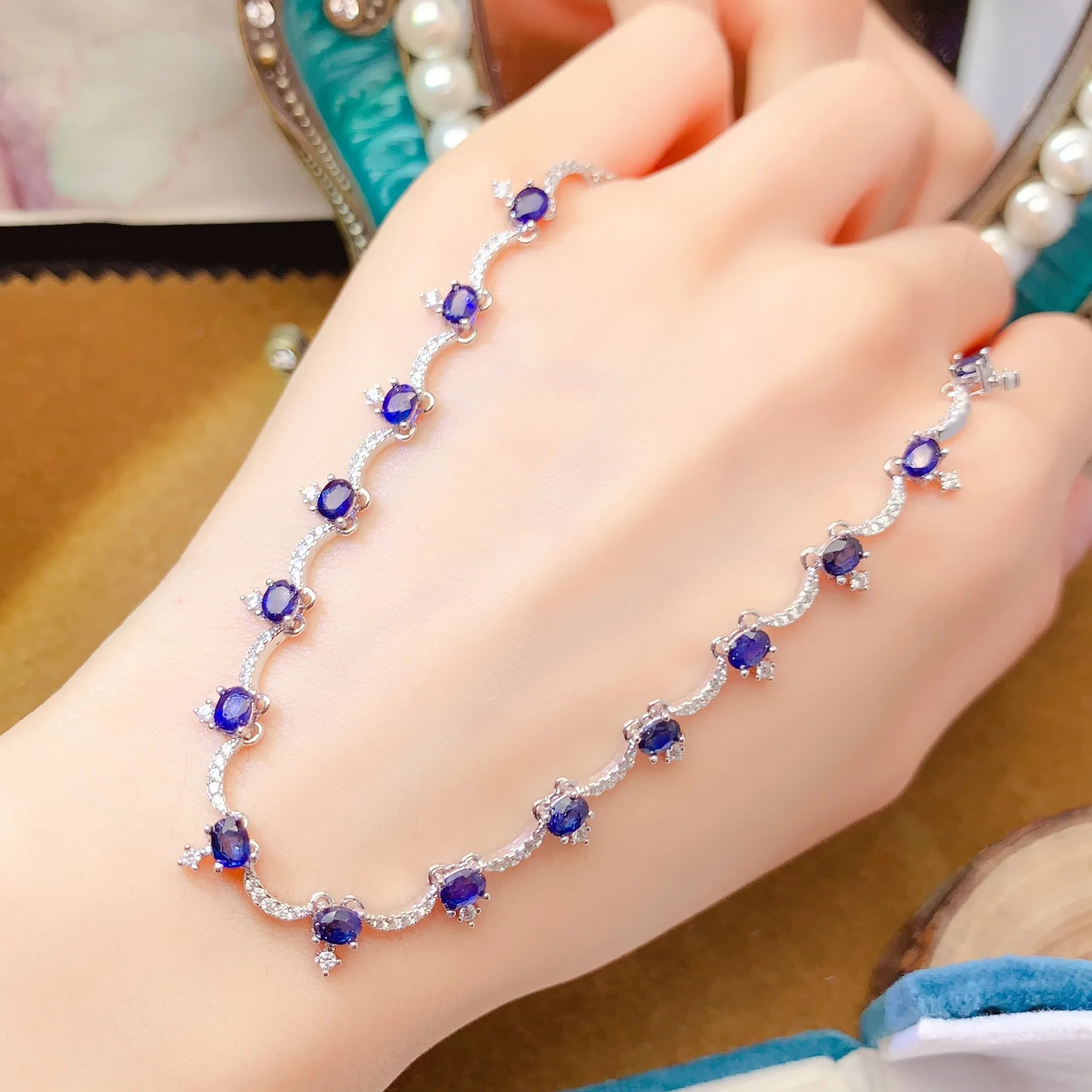 

Ожерелье из натурального сапфира 3*4 мм, кулон из стерлингового серебра S925, элегантные синие украшения для женщин, подарок на каждый день