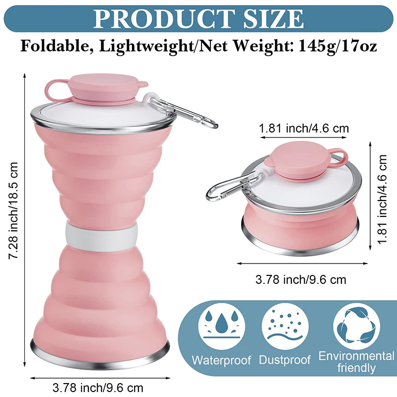 カラビナ付き折りたたみ式カップ 500ml 折りたたみ式シリコンボトル アウトドア旅行用 携帯用漏れ防止シリコンウォーターボトル