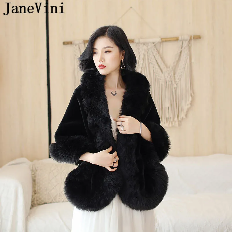 

JaneVini Fashion Black Faux Fur Bridal Wrap Shawl for Wedding Capes Winter Formal Party Bolero Shrugs Stoles Etole Mariage Femme