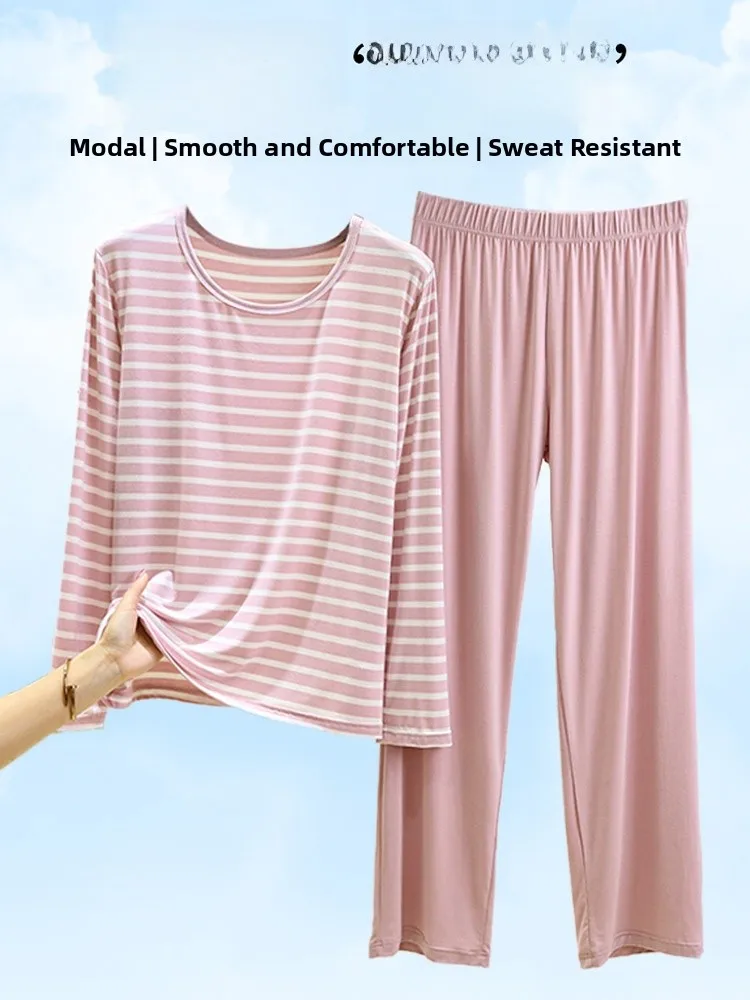 

Early Autumn Thin Modal Striped Sleepwear Set Women's Loose Long Sleeve Home Clothes Two-Piece Set Comfortable Casual Style