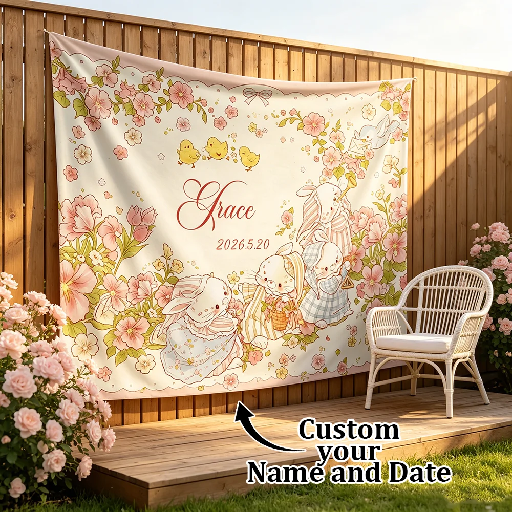 1PC Personalized Easter Bunny Floral Tapestry Custom Name Date Pink Rabbit Chick Spring Wall Hanging Party Backdrop Decor Gift