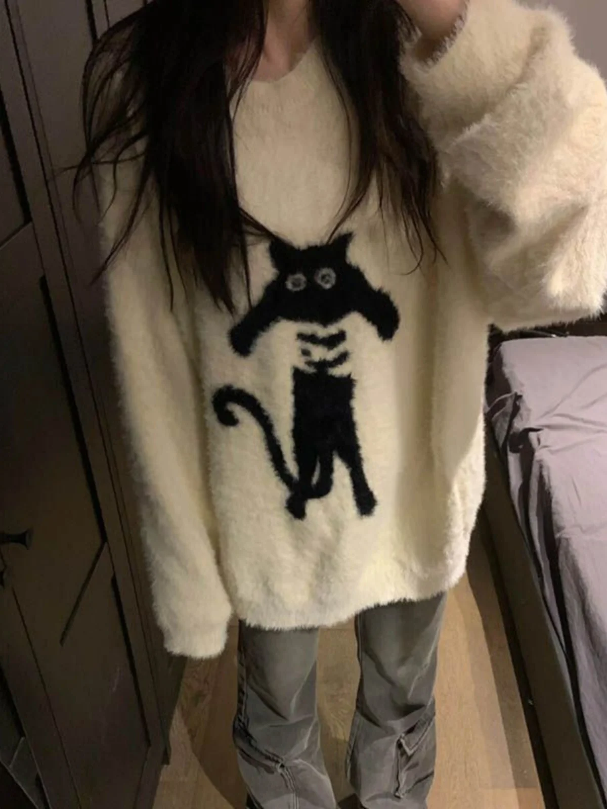 

American Sle Lazy Loose round Ne Thiened Knitted Sweater Women's Autumn Winter Long Sve Warm Fluffy Top