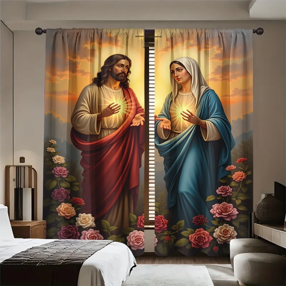 Inspirational Religious Curtain Divine Light Jesus Mary Art Window Drapes for Bedroom Living Room Home Decor