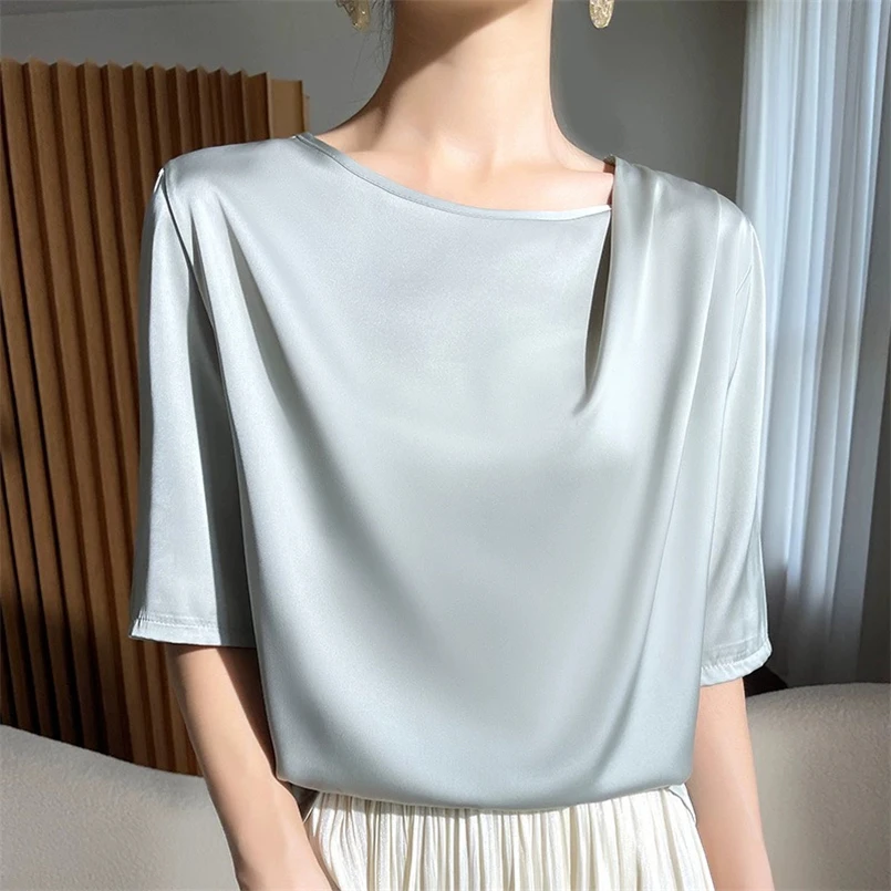 Solid Loose Satin Blouse Plus Size Tops S-7XL Women 2024 Summer Elegant Shirts Casual Short Sleeve Kroean Chic Shirt Lady Tops