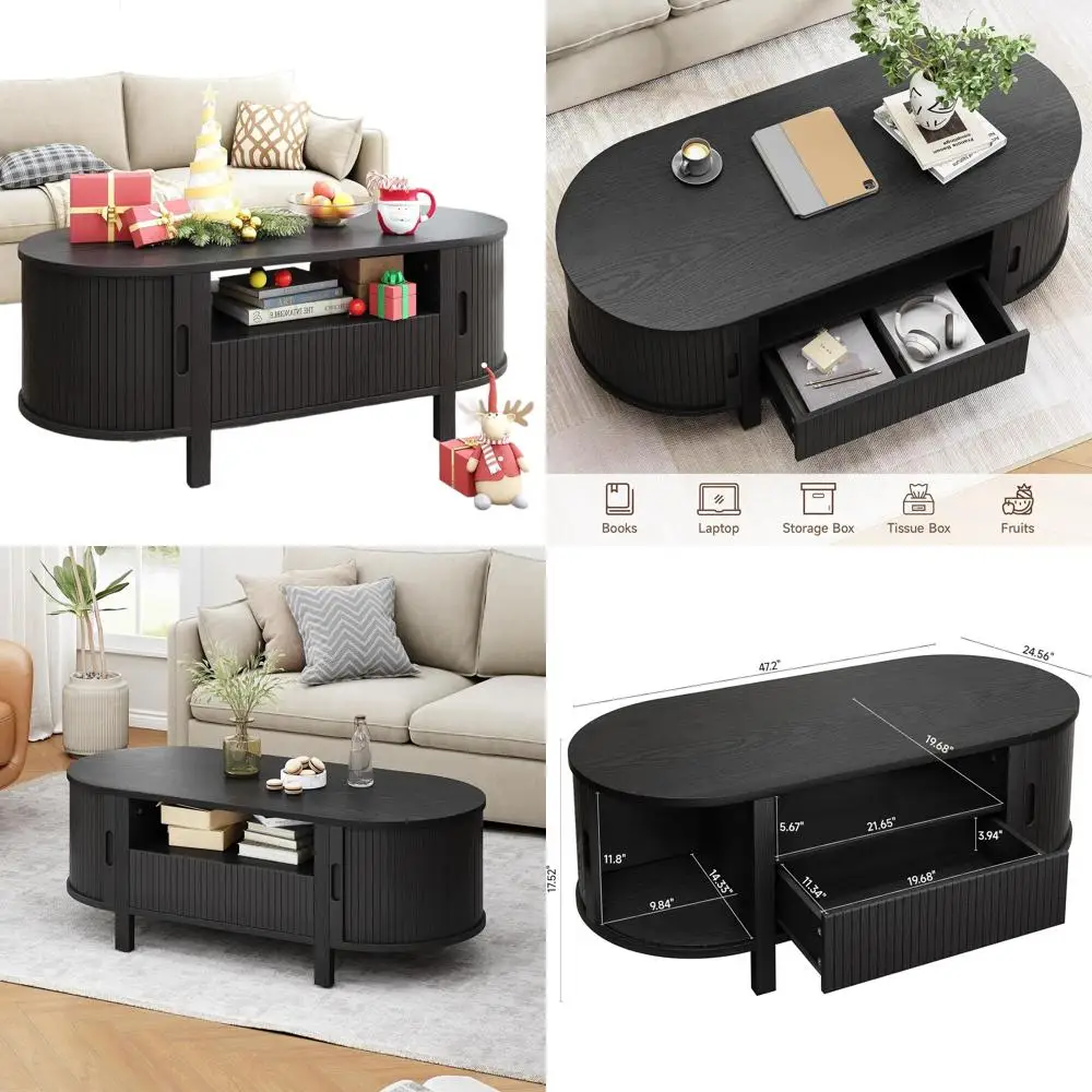 

Mid Century Oval Coffee Table with Storage Drawer, Fluted Handle, Black for Living Room