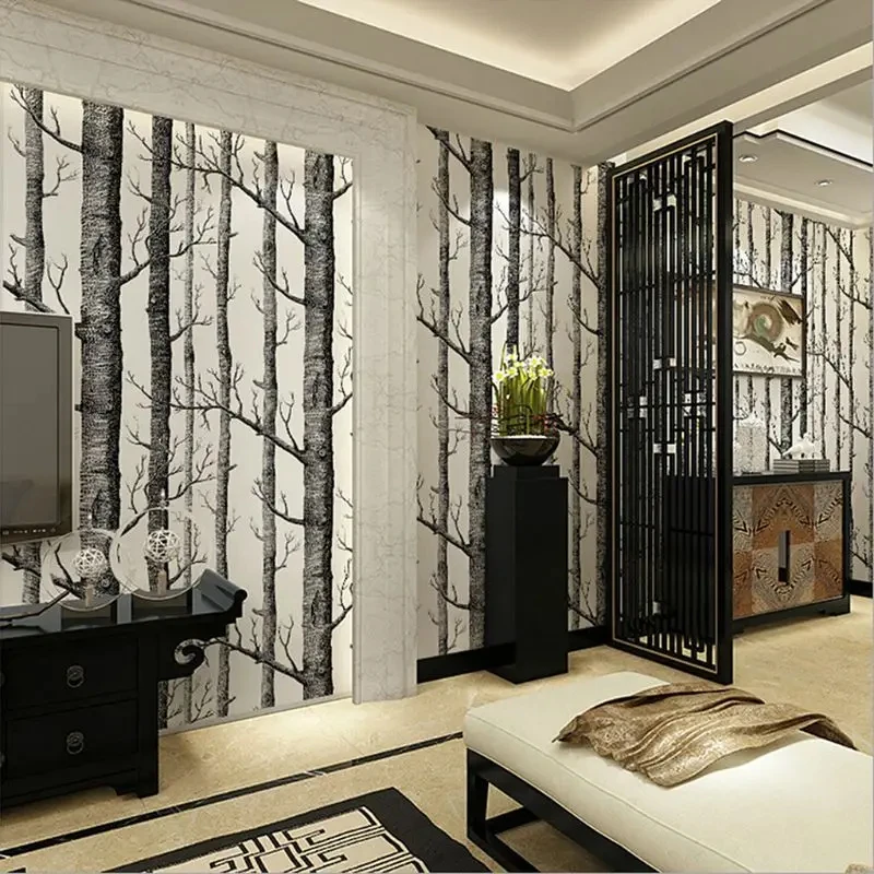 Black White Birch Tree Wallpaper Modern Design Roll Pearly Rustic Forest Woods Bedroom Living Room Wall Paper Home Decor