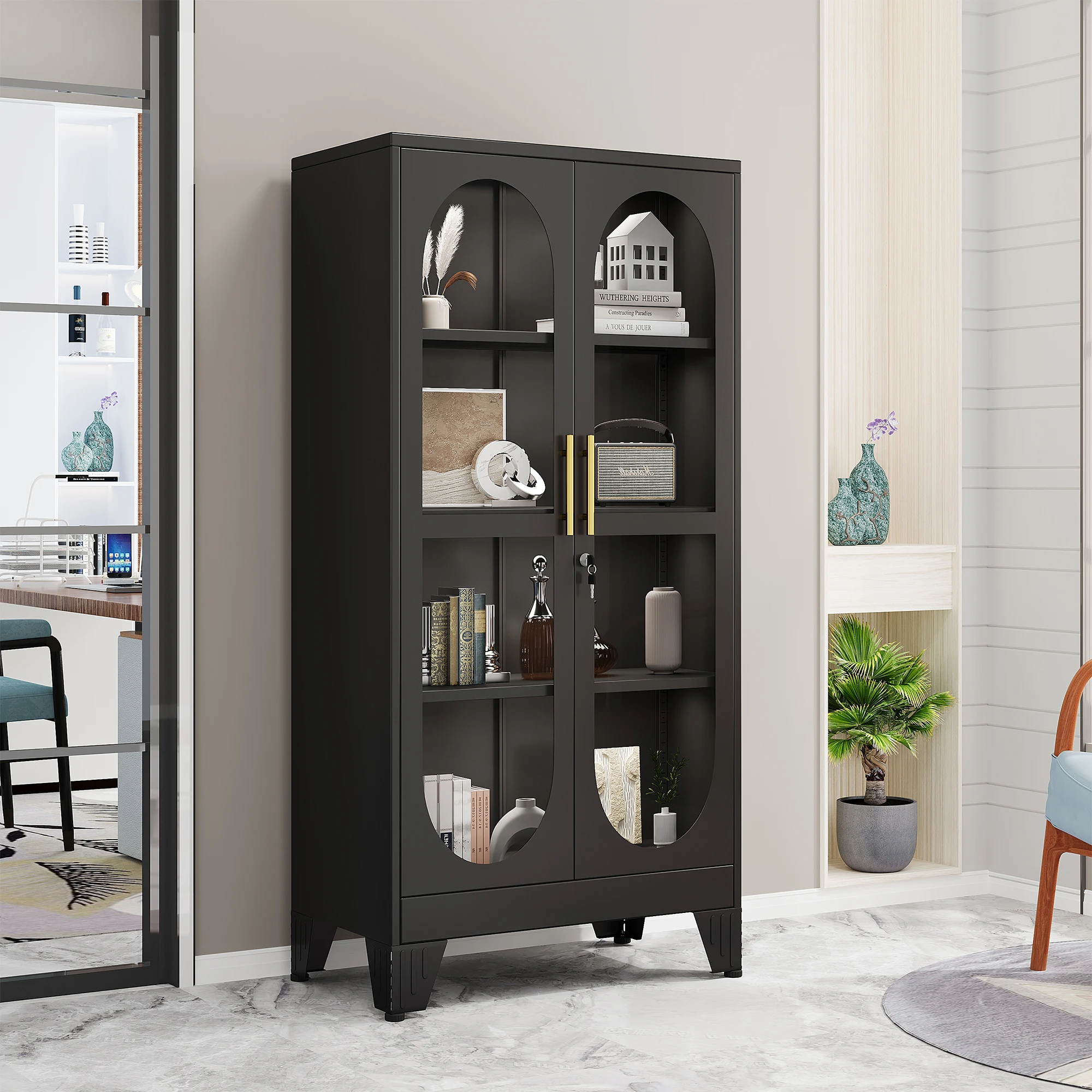 61 inch high metal glass door display cabinet with 4 adjustable shelves, display cabinet storage cabinet