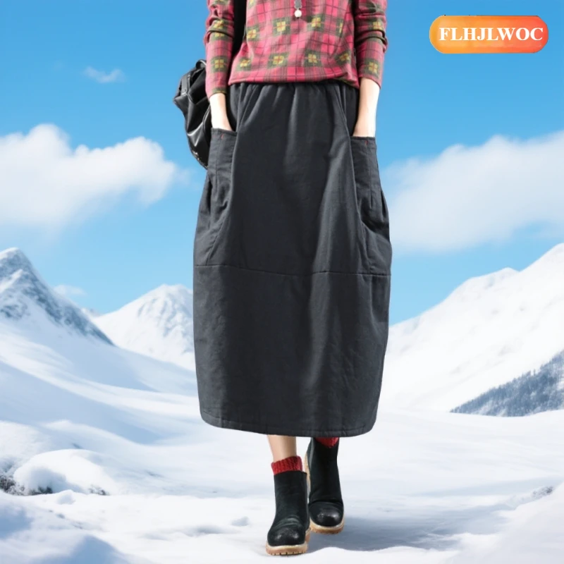 2 Colors Warm Winter Skirts Hot Sales 2026 FLHJLWOC Brand New Year Woman Japan Girls Retro Vintage Pocket Black Long Thick Skirt
