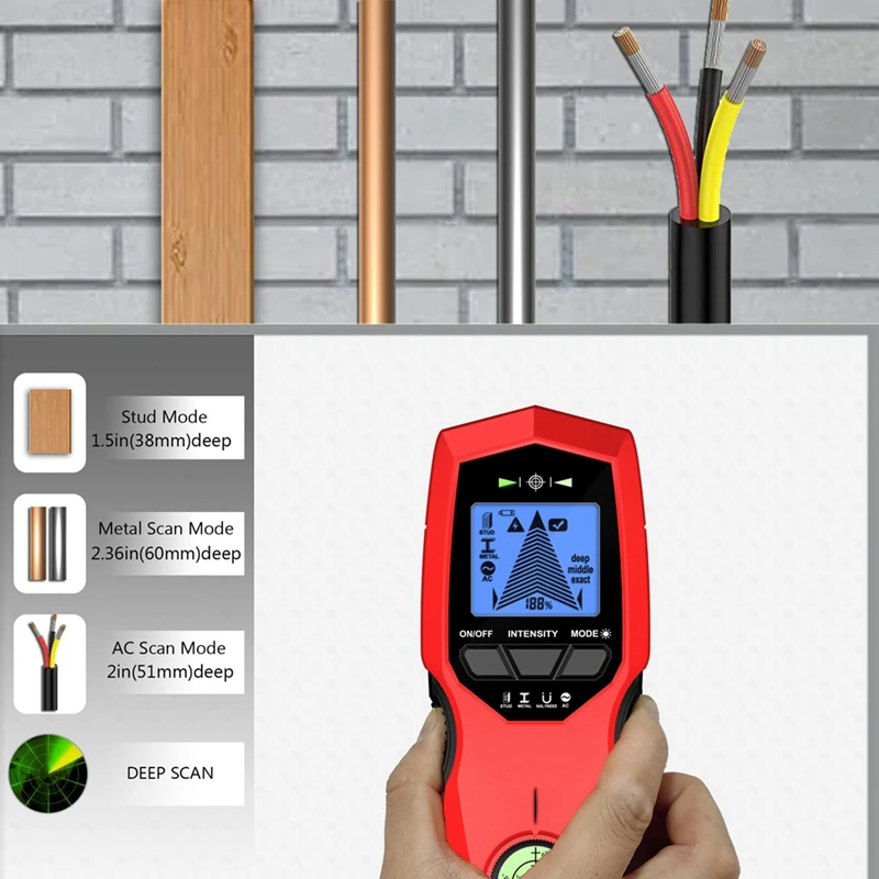 Pemindai kabel AC, penemu kancing kayu Sensor logam dinding Digital tampilan lampu belakang LCD 3 mode pemindai