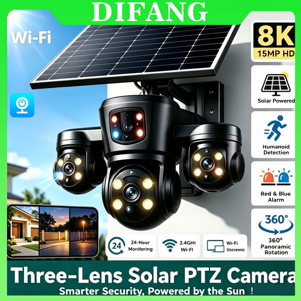 Caméra de sécurité solaire à triple écran 8K, sans fil, WiFi, extérieure, étanche, surveillance CCTV, caméra avec carte SIM 4G, V380 Pro