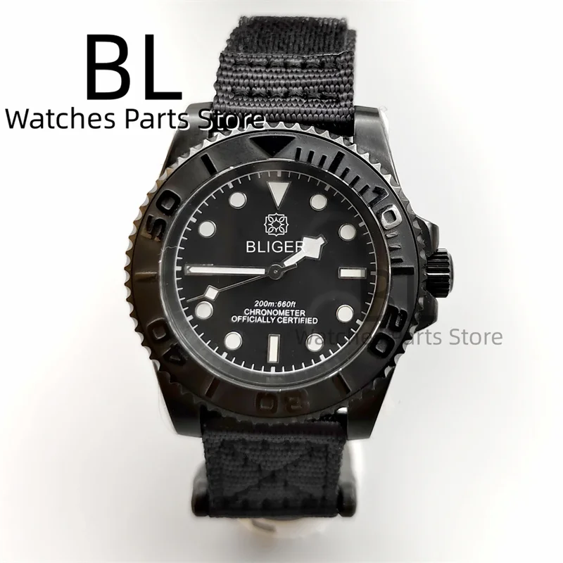 BLIGER 40mm Diving Watch For Man NH35 Automatic Full Black Matte Bezel With Sapphire Glass Black Dial Luminous Nylon VelcroStrap