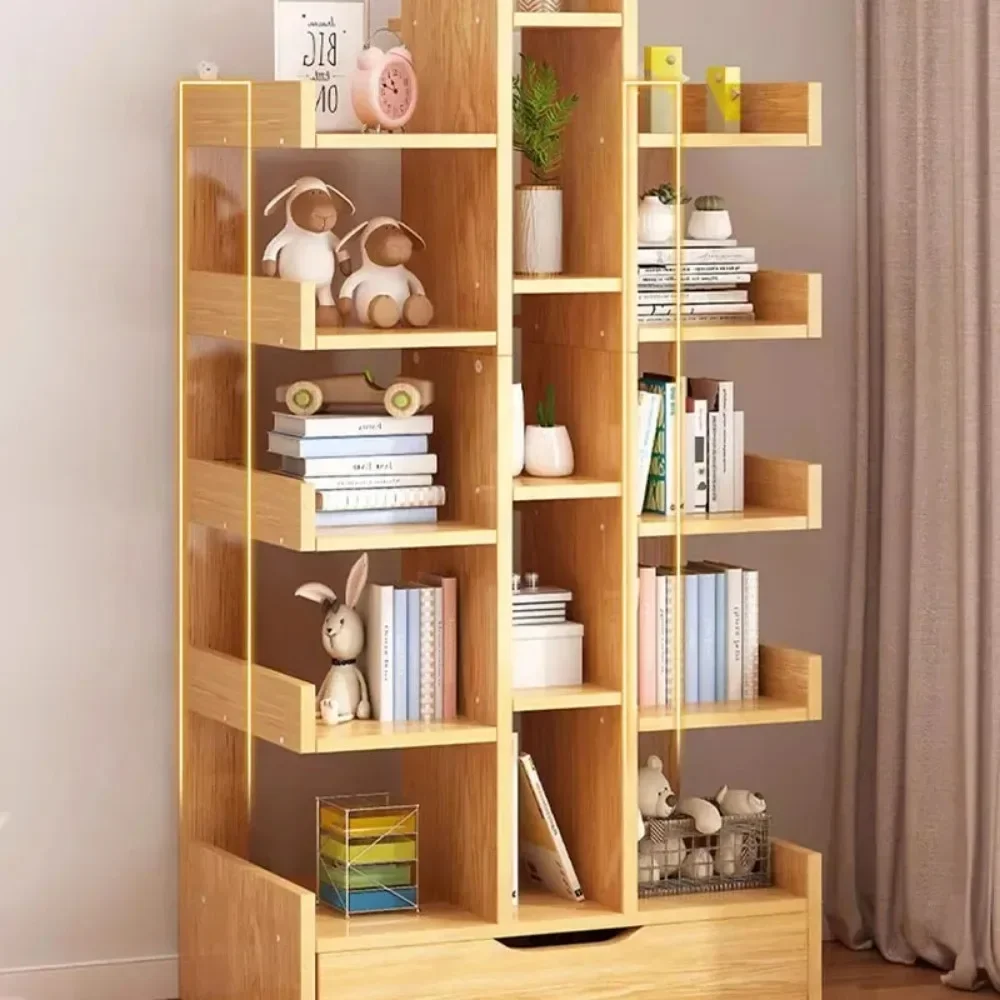 Living Room Bookshelf Multi-Level Floor Standing Storage Rack Solid Wood Bookshelf With Drawers Study Books Storage Bookcase