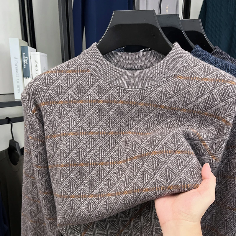 Men's Knitted Sweater Long Sleeve Crew Neck Geometric Pattern Thickened Soft Warm Autumn Winter Classic Fashion Casual Mens Wear