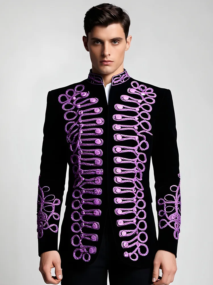 New Men's Stand-up Collar Court Jackets Noble Retro Banquet Dress Hand-buttoned Gold Thread Coats Male Performance Outerwear