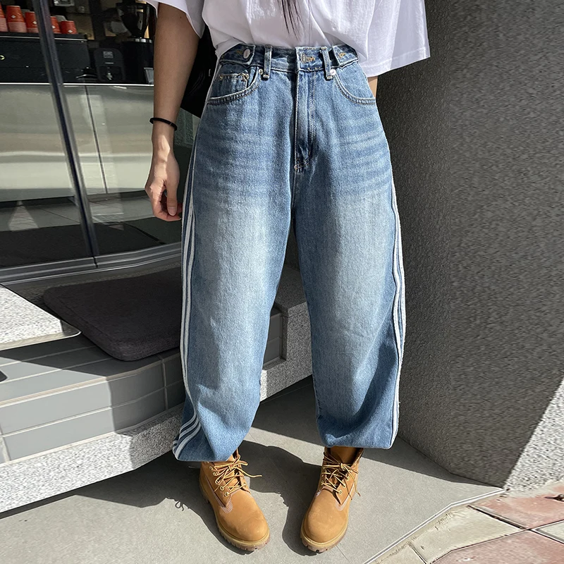 Celana Jeans Wanita High Waist Wide Leg Musim Semi Musim Panas Musim Gugur Gaya Kasual Desain Garis Warna Blo Celana Denim Berlipat