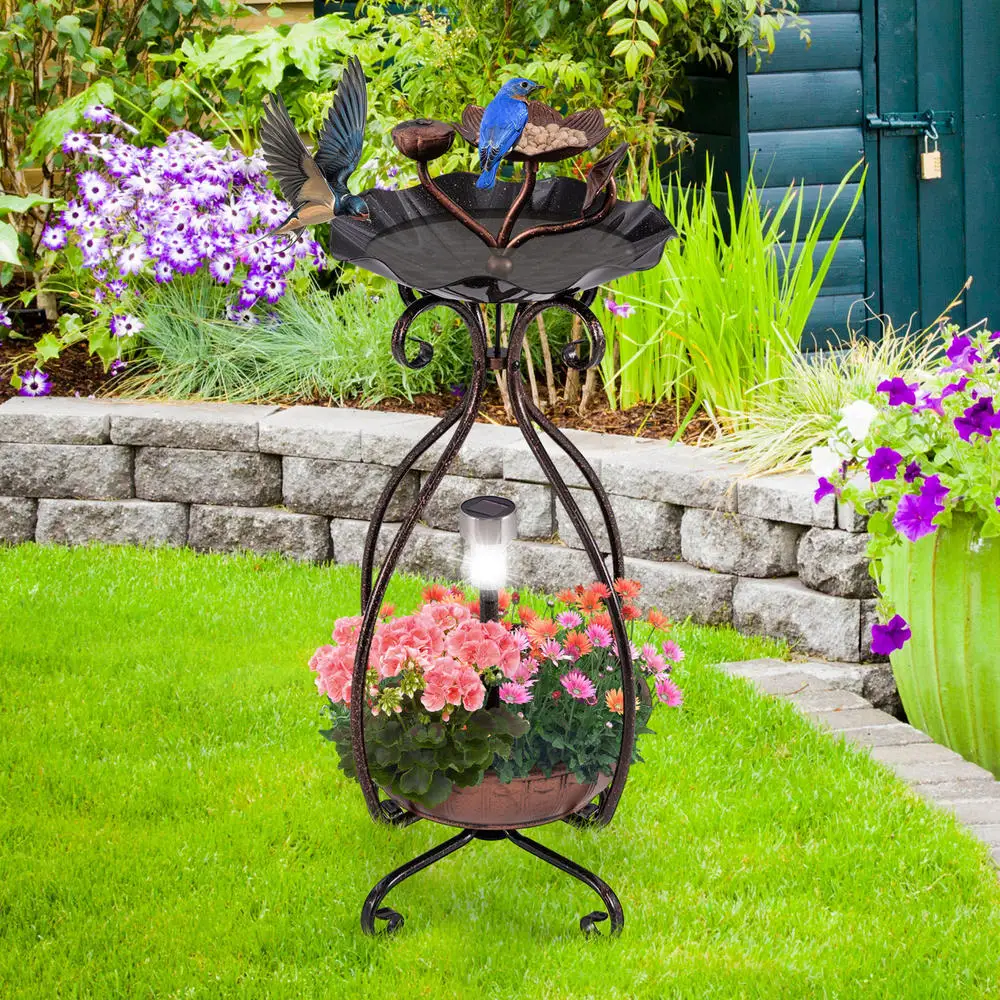 Outdoor Solar Bird Bath And Feeder Combo With Flower Planter Pedestal, Decorative Garden Statue With Lights For Yard Patio Lawn, Copper Finish