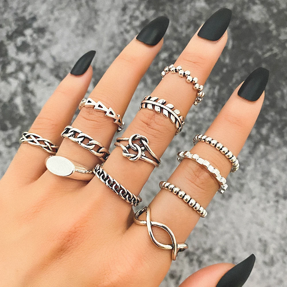 Ensemble de bagues Vintage pour femmes et hommes, chaîne en argent plaqué, Punk, nœud géométrique, Midi, tendance, bijoux, cadeaux, 2022