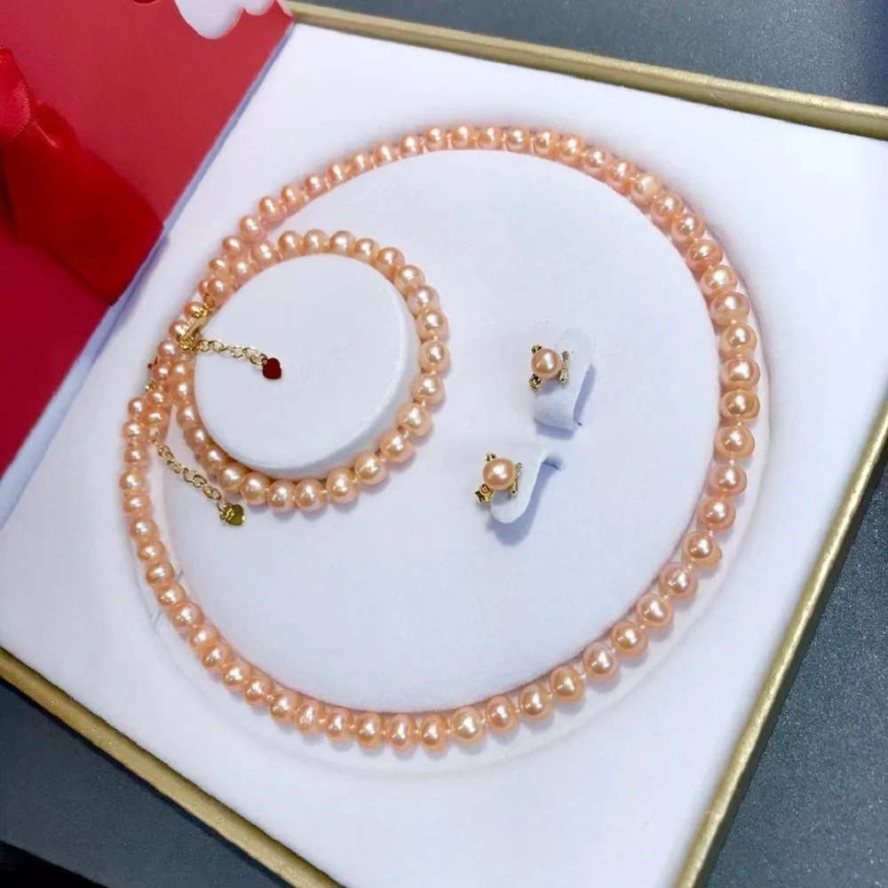 

Лидер продаж ожерелье AAAA7-8 мм натуральный круглый жемчуг Южного моря ожерелье 18 дюймов + браслет 7,5-8 дюймов комплект серег 925s