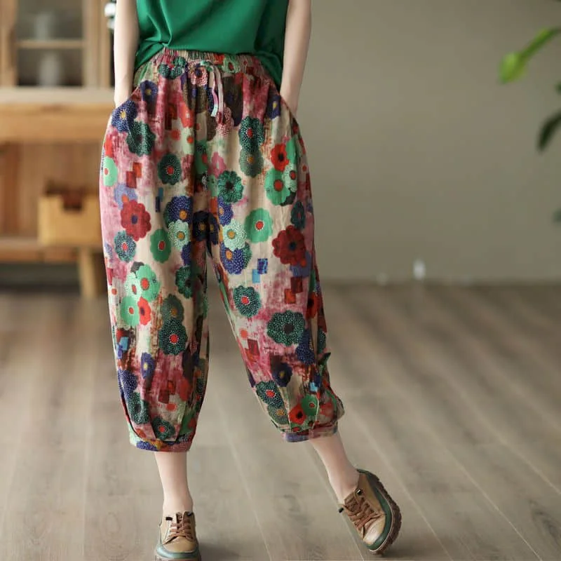 Katoenen Linnen Broek Met Bloemenprint Elastische Taille Losse Casual Vintage Kleding Koreaanse Mode Broek Harembroek Dameskleding