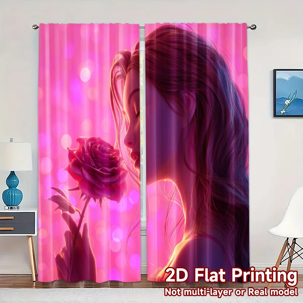 2pcs, 2D FLAT PRINTING Curtains (Without Rod) Blooming Glow Chic Curtains Digital Printed Versatile Polyester Fabric Curtains