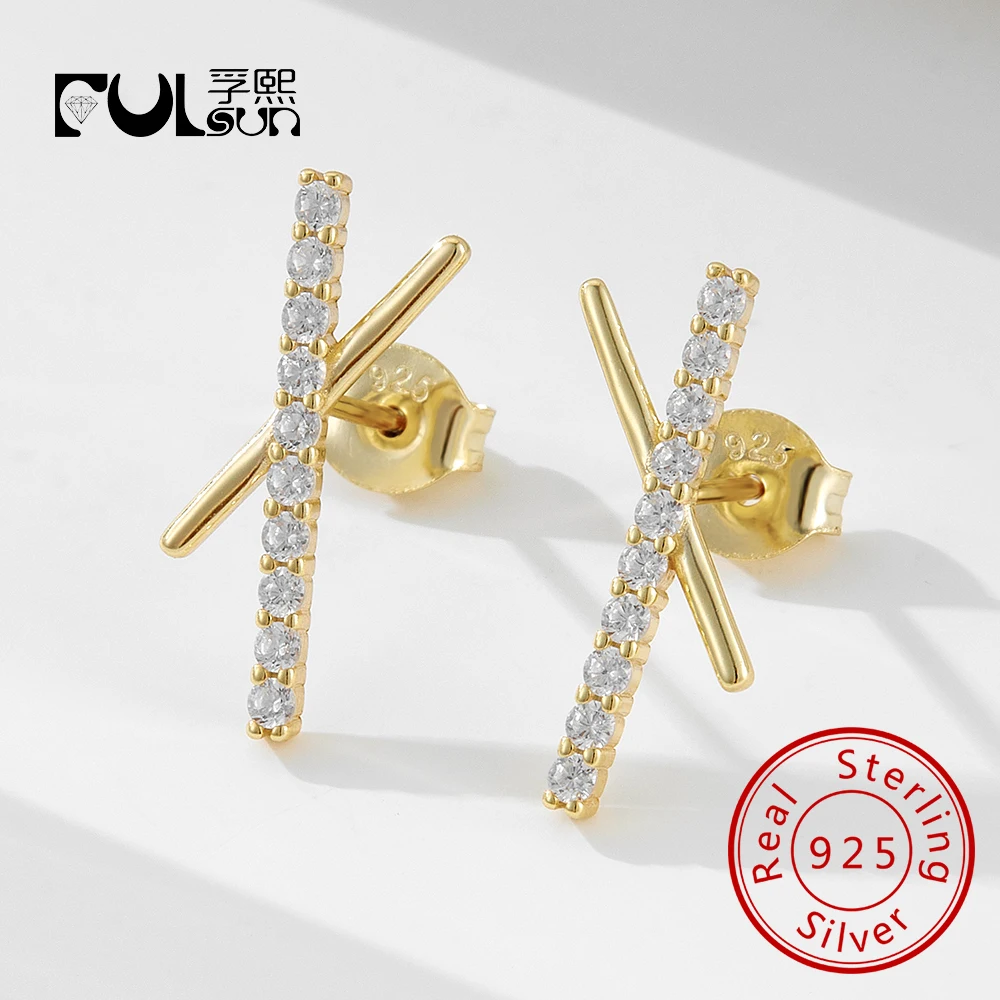 

Minimalist X bar Stick Jewelry S 925 Sterling Silver 14k Gold Plated Bling CZ Cubic Zirconia Stud Earrings