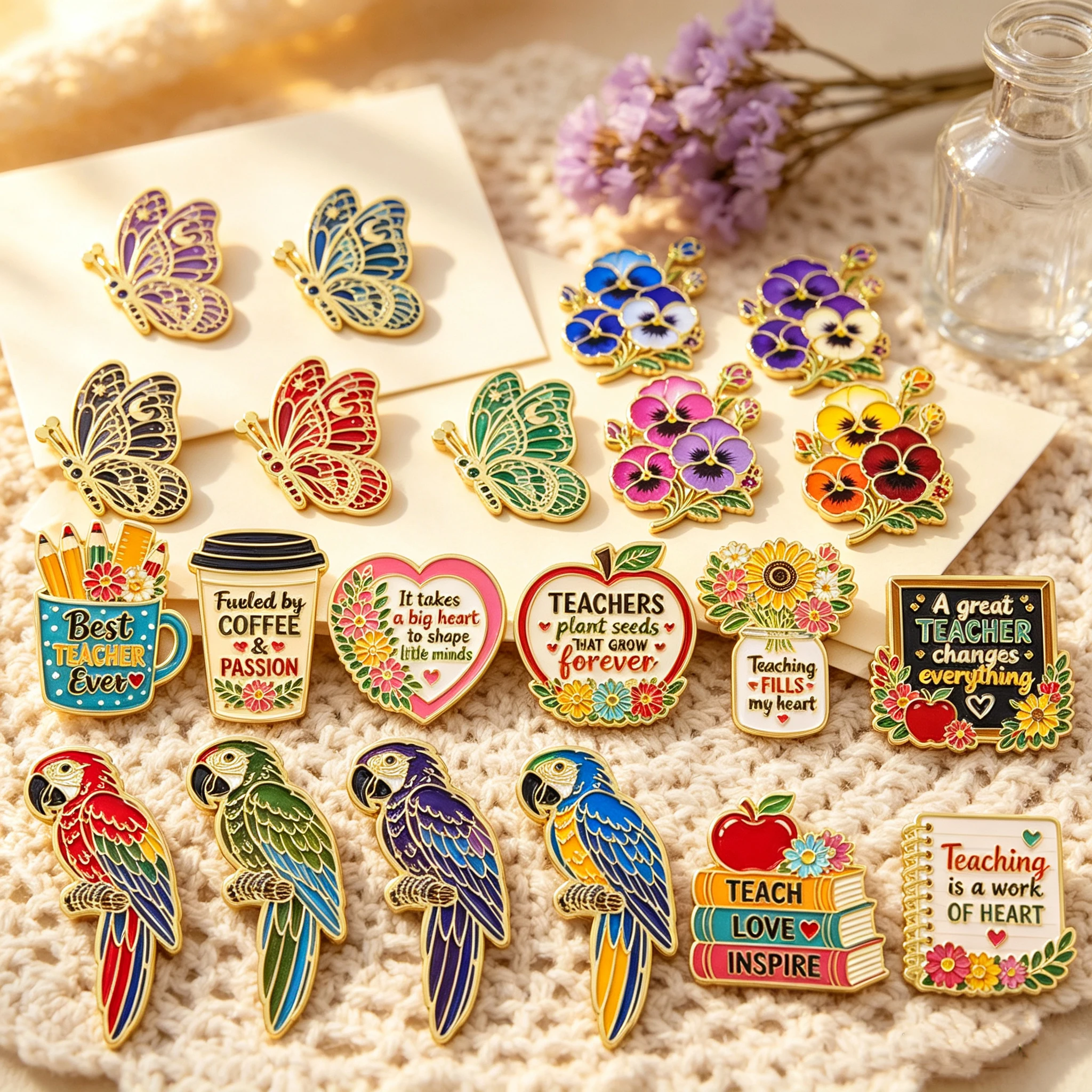 Colorful Parrot Butterfly Pansy Flower Enamel Pins Teacher Quotes Lapel Brooches Badges for Backpacks Clothing Decoration Gifts