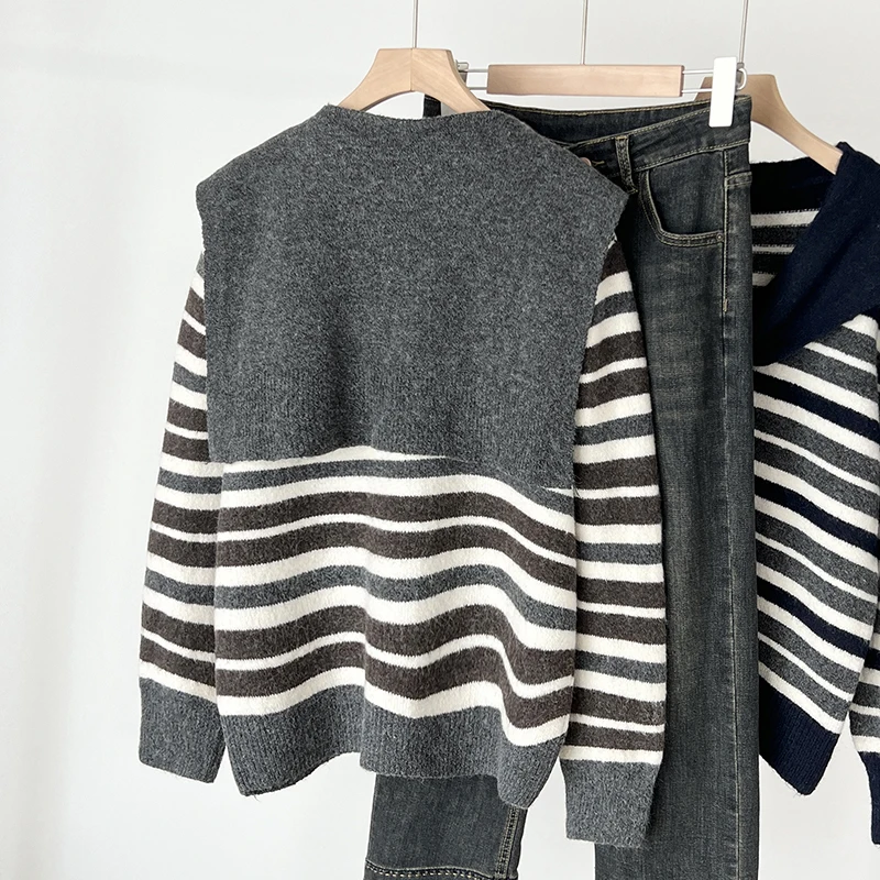 Quali Maglione lavorato a maglia lungo ampio da donna con sciarpa a righe color blo Autunno Inverno Casual Top versatile