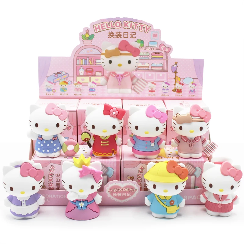 8Pcs/Set Hello Kitty Cartoon Anime Dress Up Diary Blind Box Cake Figurine Decor Ornament Collection Model Girl Birthday Gift Toy