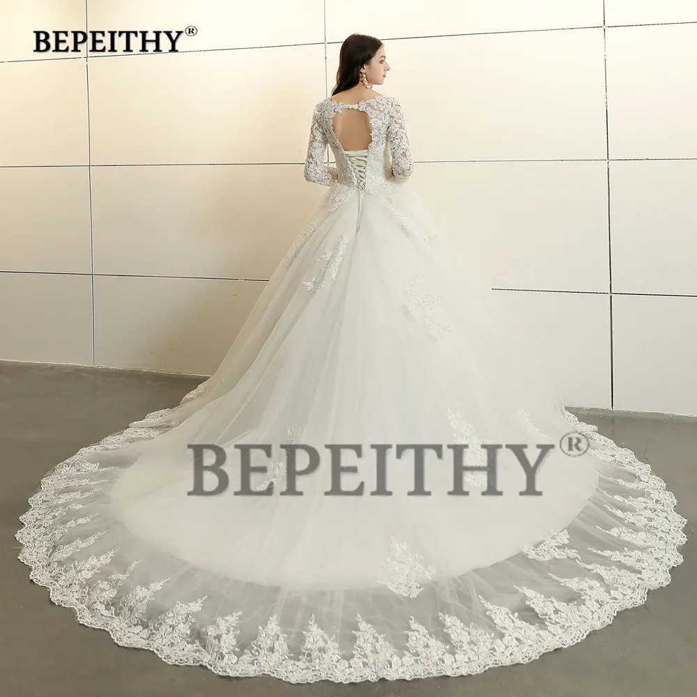 BEPEITHY Customized Vintage Lace Wedding Dress Long Sleeves Court Train Lace V Neck Bridal Dresses Open Back Wedding Gowns