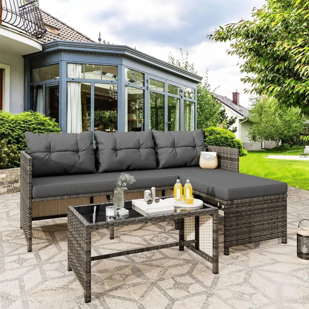 

All-Weather Wicker 3-Piece Outdoor Patio Sofa Sectional Set for Small Conversation Areas in Garden Spaces